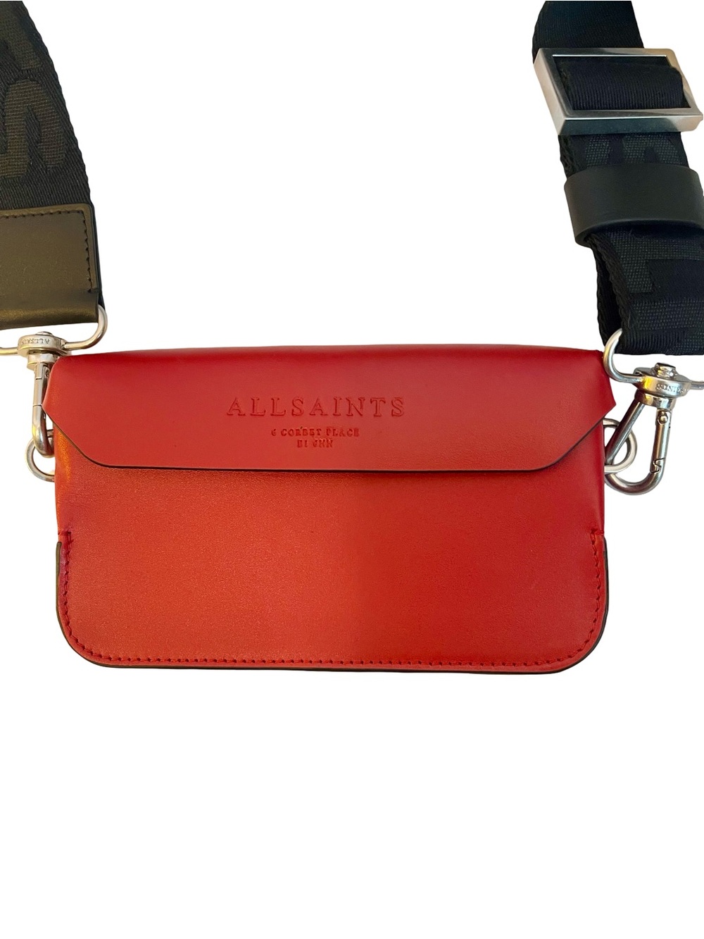 AllSaints Red Leather Crossbody Pouch with Wide Strap